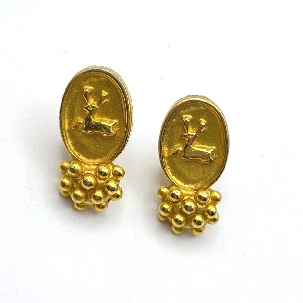 Catherine Prevost Vintage Gold Tone Stag Deer Beaded Clip On Earrings